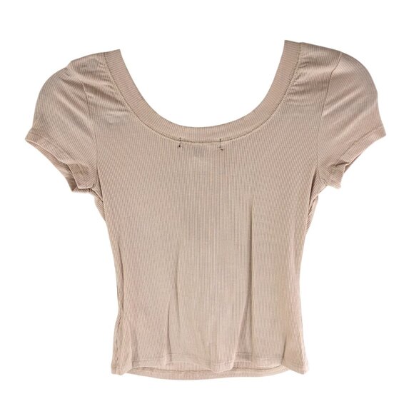 Lulus Henley Crop Top Button Front Ribbed Stretch Knit Beige L - Picture 2 of 4